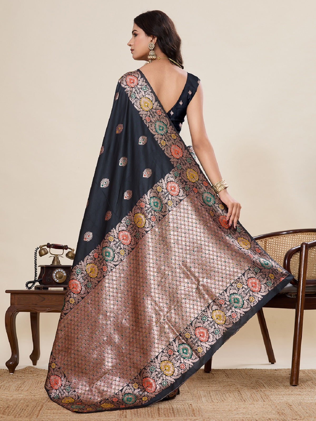 Dwija Fashion Black Wedding Wear Golden Silver Jari Weaving Work Pure Jacquard Saree With Unstitched Blouse