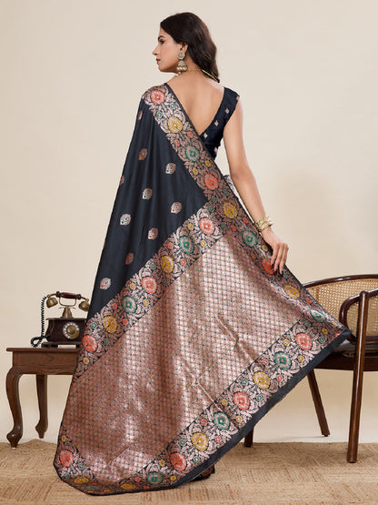 Dwija Fashion Black Wedding Wear Golden Silver Jari Weaving Work Pure Jacquard Saree With Unstitched Blouse