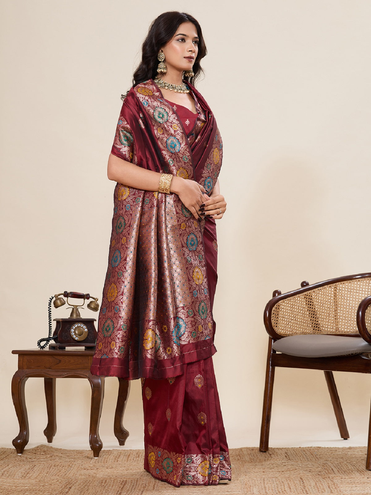 Dwija Fashion Deep Maroon Wedding Wear Golden Silver Jari Weaving Work Pure Jacquard Saree With Unstitched Blouse