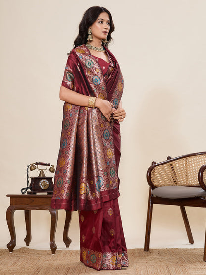 Dwija Fashion Deep Maroon Wedding Wear Golden Silver Jari Weaving Work Pure Jacquard Saree With Unstitched Blouse