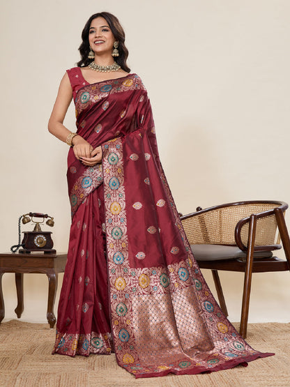 Dwija Fashion Deep Maroon Wedding Wear Golden Silver Jari Weaving Work Pure Jacquard Saree With Unstitched Blouse