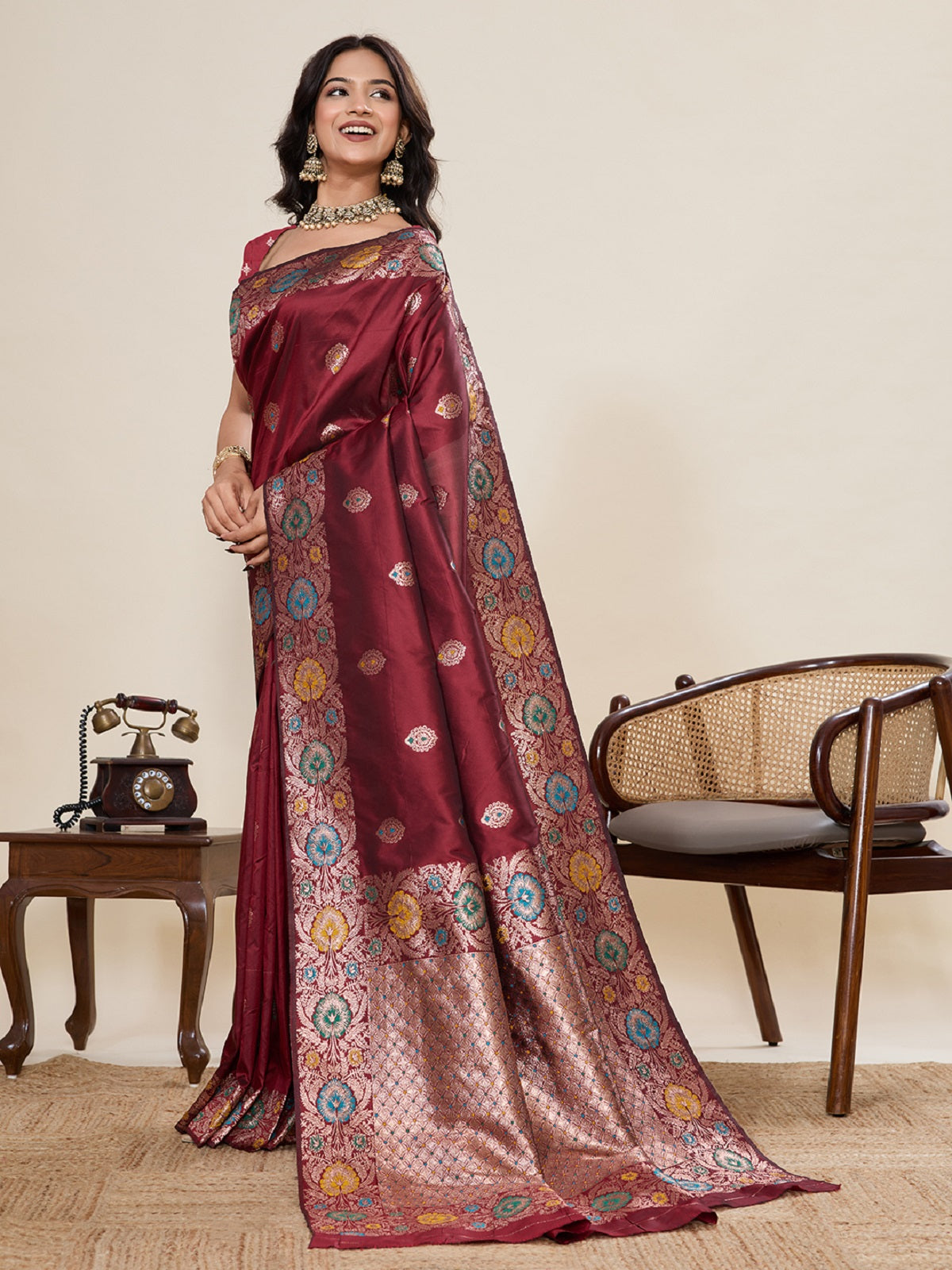 Dwija Fashion Deep Maroon Wedding Wear Golden Silver Jari Weaving Work Pure Jacquard Saree With Unstitched Blouse