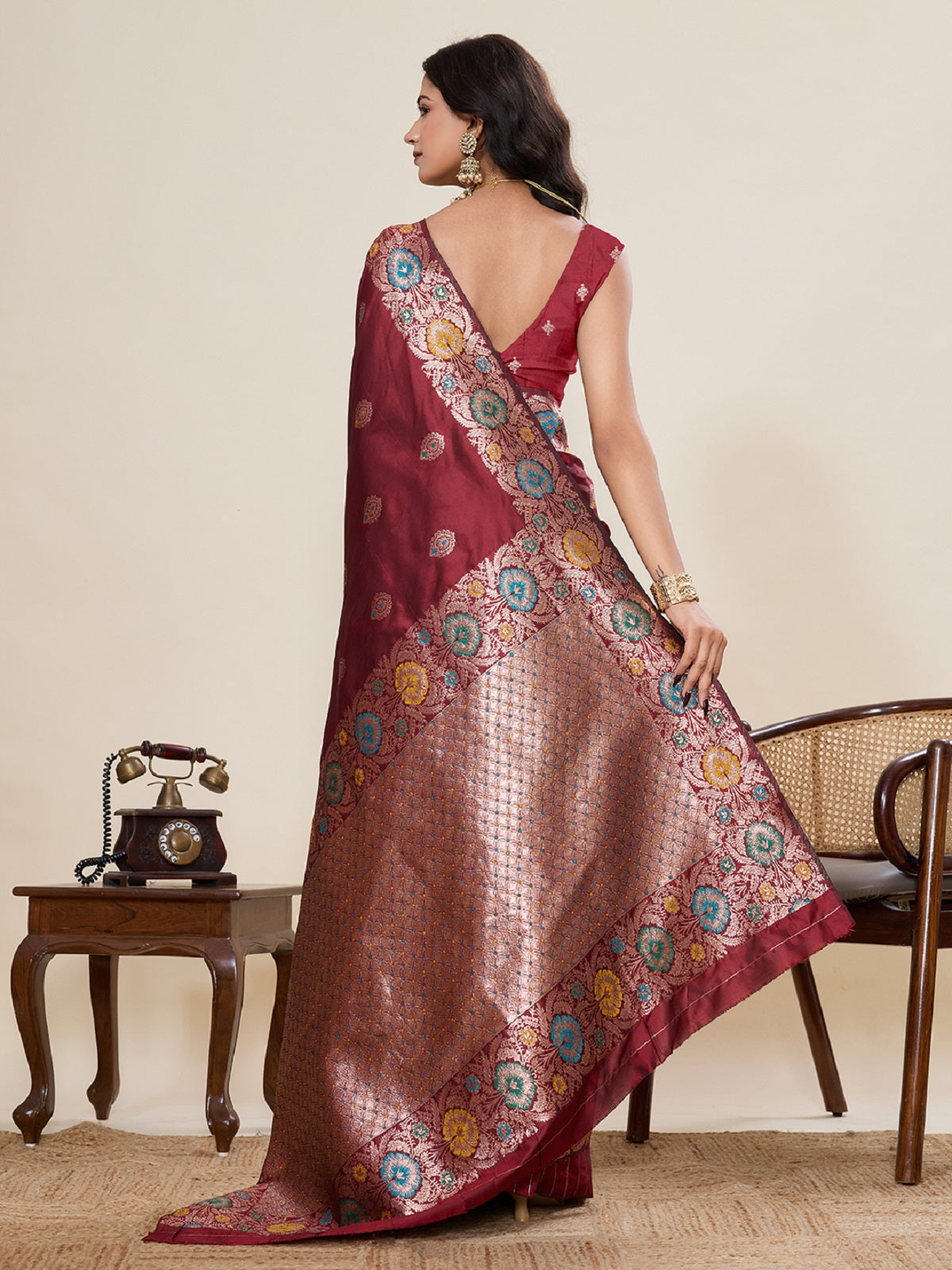 Dwija Fashion Deep Maroon Wedding Wear Golden Silver Jari Weaving Work Pure Jacquard Saree With Unstitched Blouse