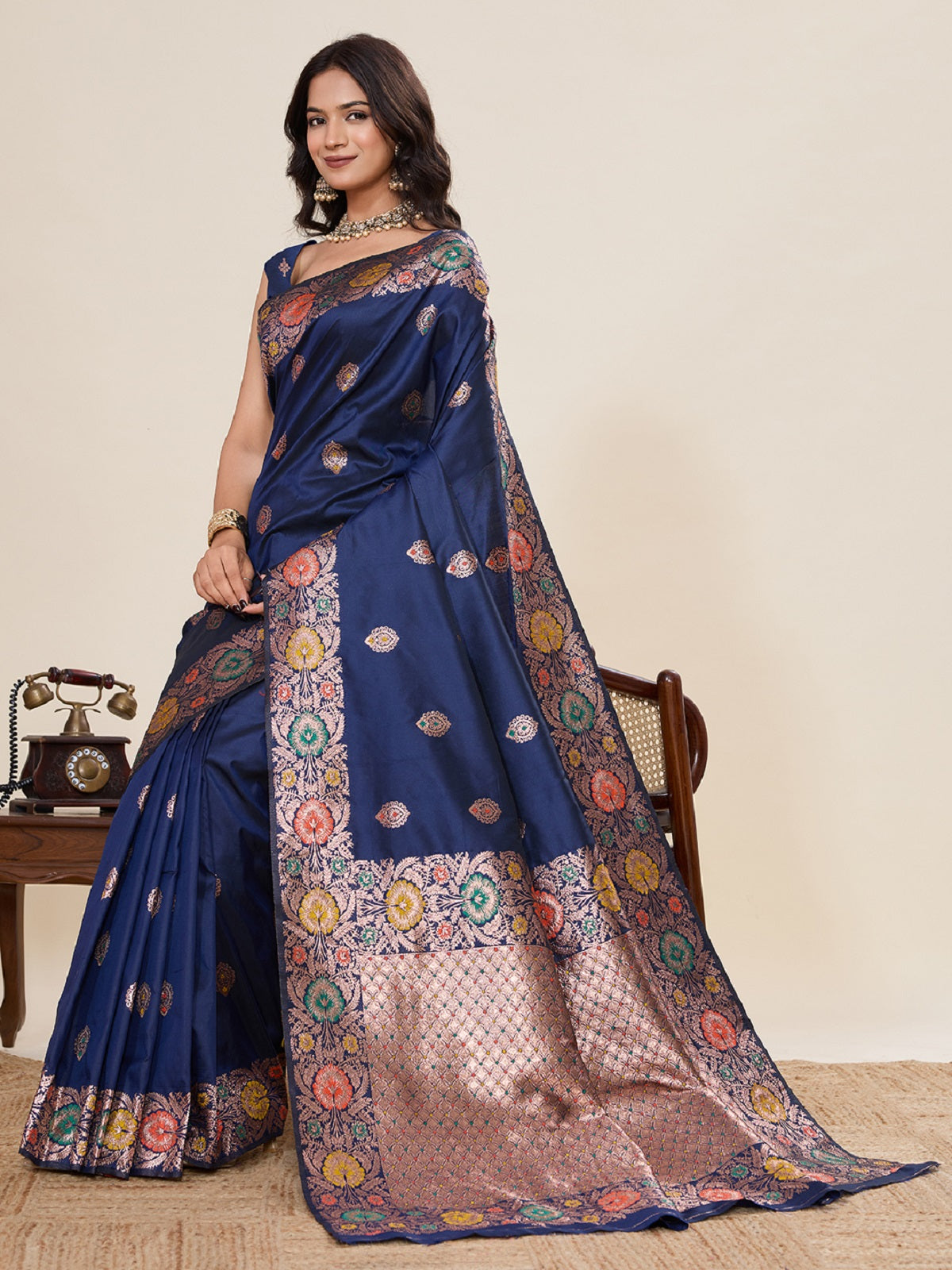 Dwija Fashion Deep Navy Blue Wedding Wear Golden Silver Jari Weaving Work Pure Jacquard Saree With Unstitched Blouse