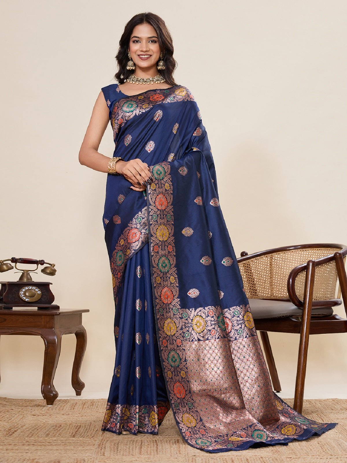Dwija Fashion Deep Navy Blue Wedding Wear Golden Silver Jari Weaving Work Pure Jacquard Saree With Unstitched Blouse