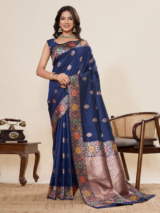 Dwija Fashion Deep Navy Blue Wedding Wear Golden Silver Jari Weaving Work Pure Jacquard Saree With Unstitched Blouse