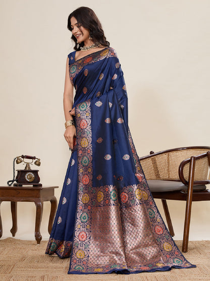 Dwija Fashion Deep Navy Blue Wedding Wear Golden Silver Jari Weaving Work Pure Jacquard Saree With Unstitched Blouse
