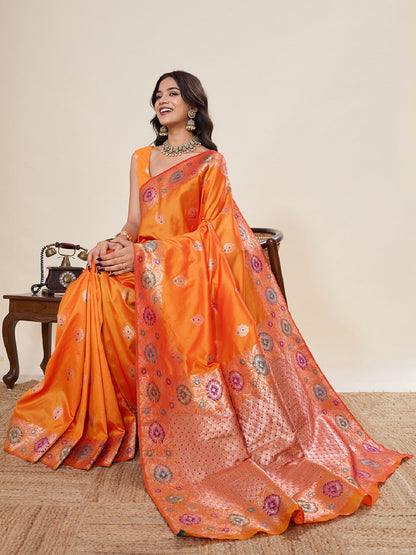 Dwija Fashion Orange Wedding Wear Golden Silver Jari Weaving Work Pure Jacquard Saree With Unstitched Blouse