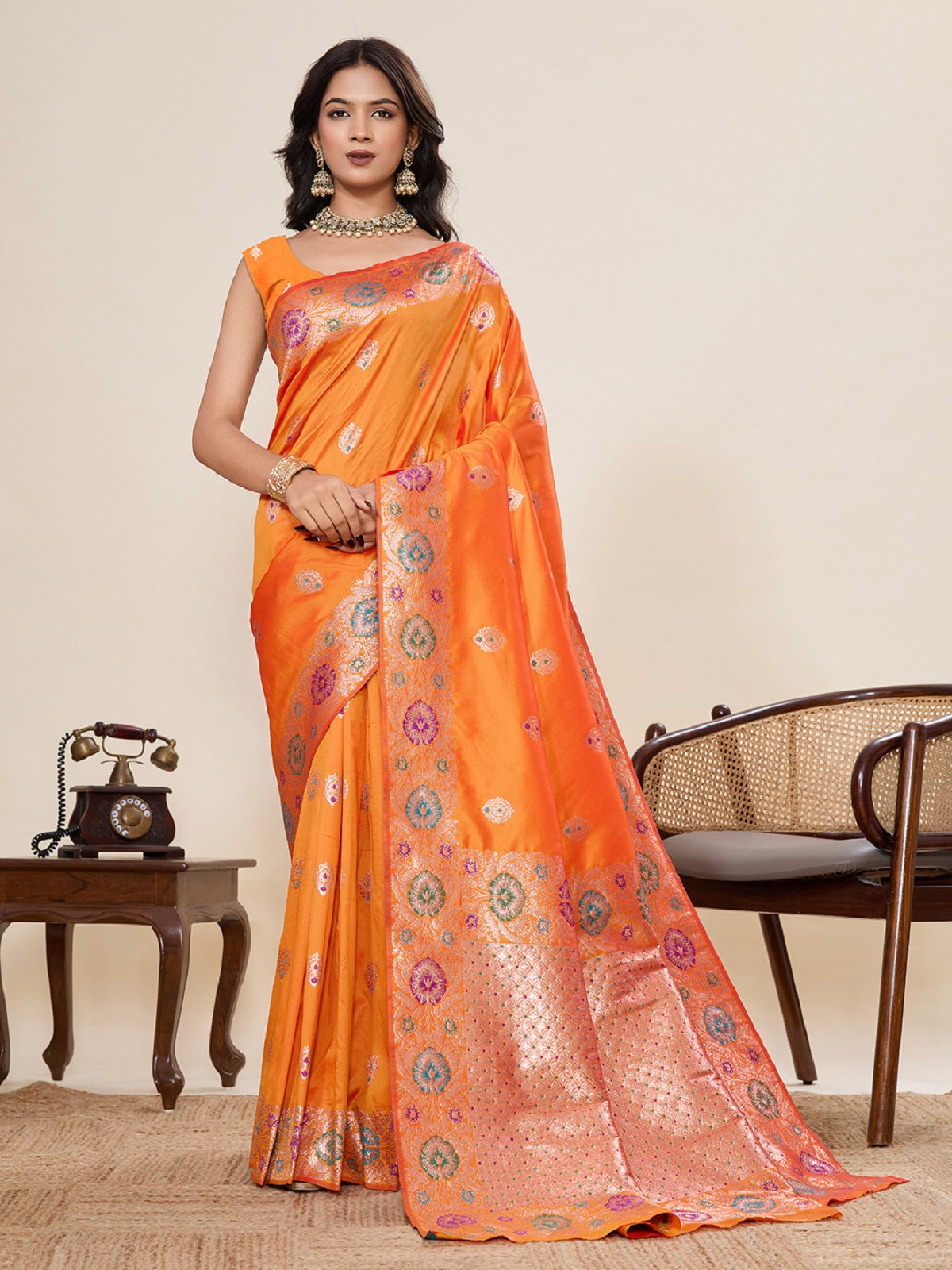 Dwija Fashion Orange Wedding Wear Golden Silver Jari Weaving Work Pure Jacquard Saree With Unstitched Blouse