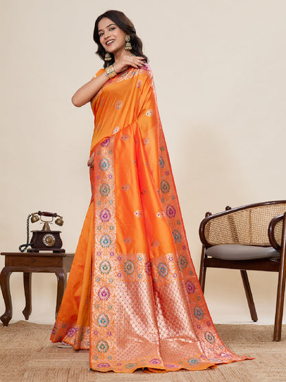 Dwija Fashion Orange Wedding Wear Golden Silver Jari Weaving Work Pure Jacquard Saree With Unstitched Blouse