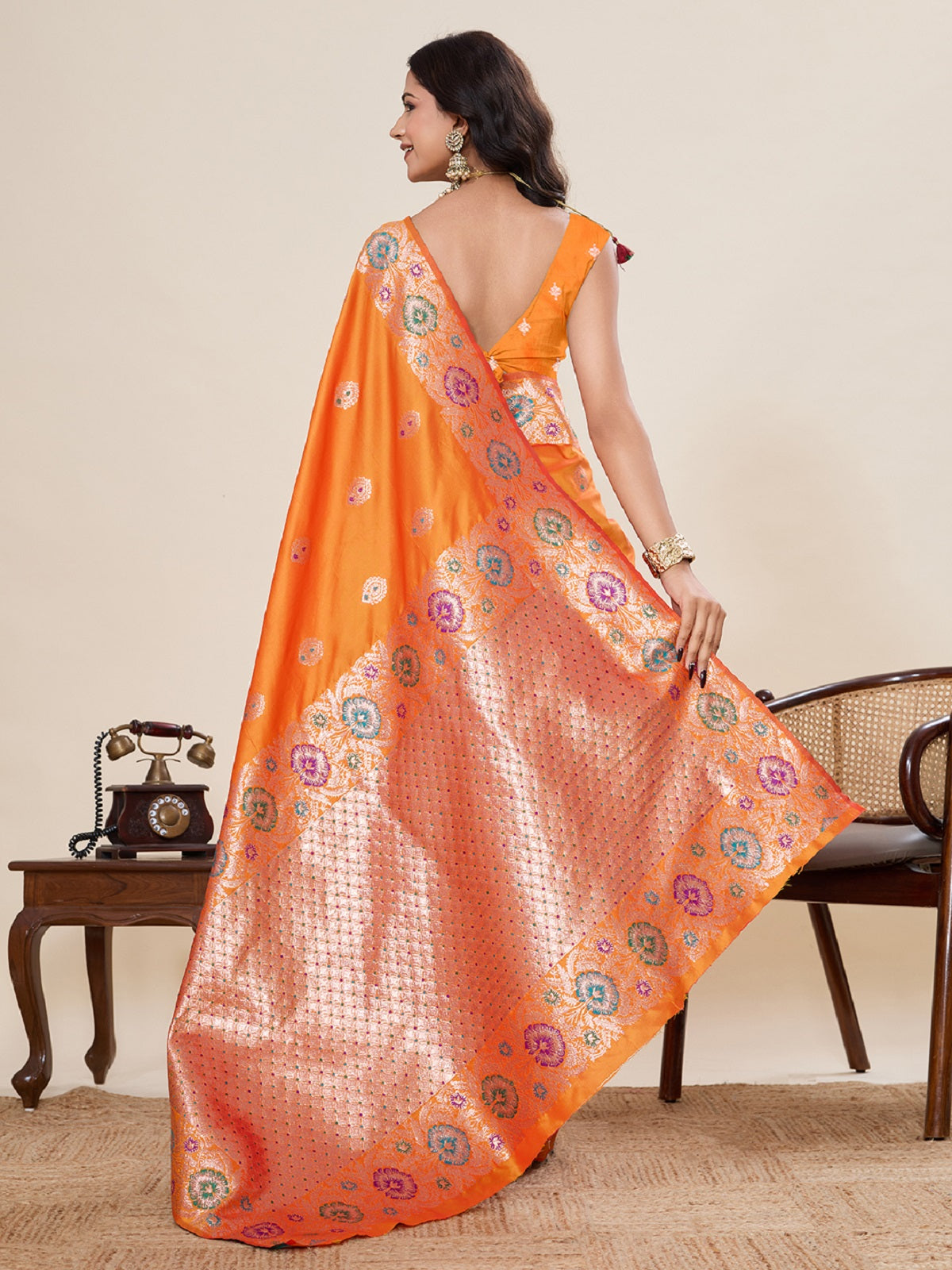 Dwija Fashion Orange Wedding Wear Golden Silver Jari Weaving Work Pure Jacquard Saree With Unstitched Blouse