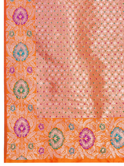 Dwija Fashion Orange Wedding Wear Golden Silver Jari Weaving Work Pure Jacquard Saree With Unstitched Blouse