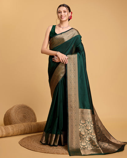 Dwija Fashion Deep Green Party Wear Banarsi Pure Silk Plain Saree With Unstitched Blouse