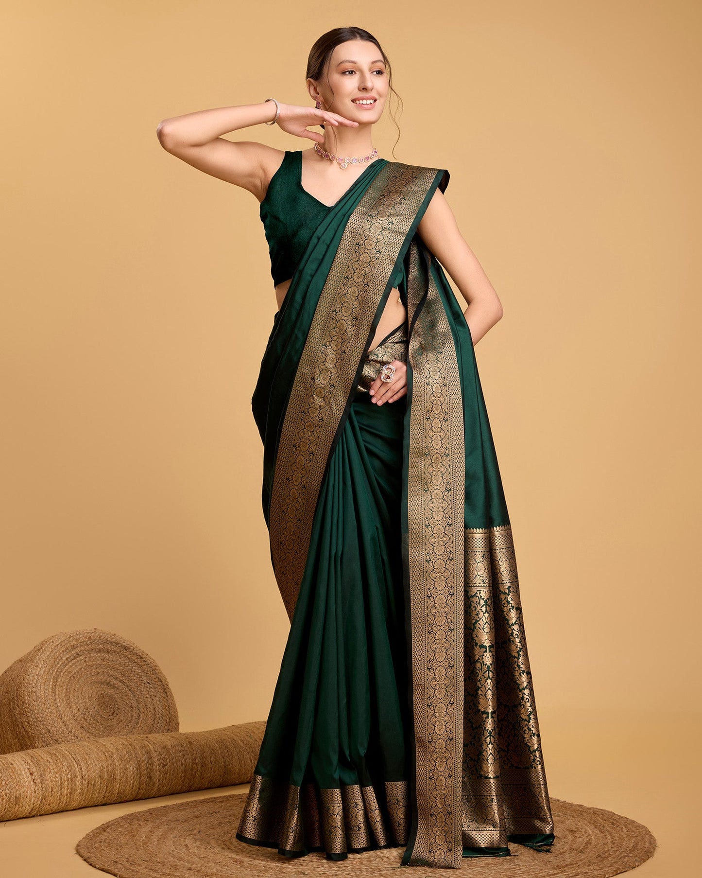 Dwija Fashion Deep Green Party Wear Banarsi Pure Silk Plain Saree With Unstitched Blouse