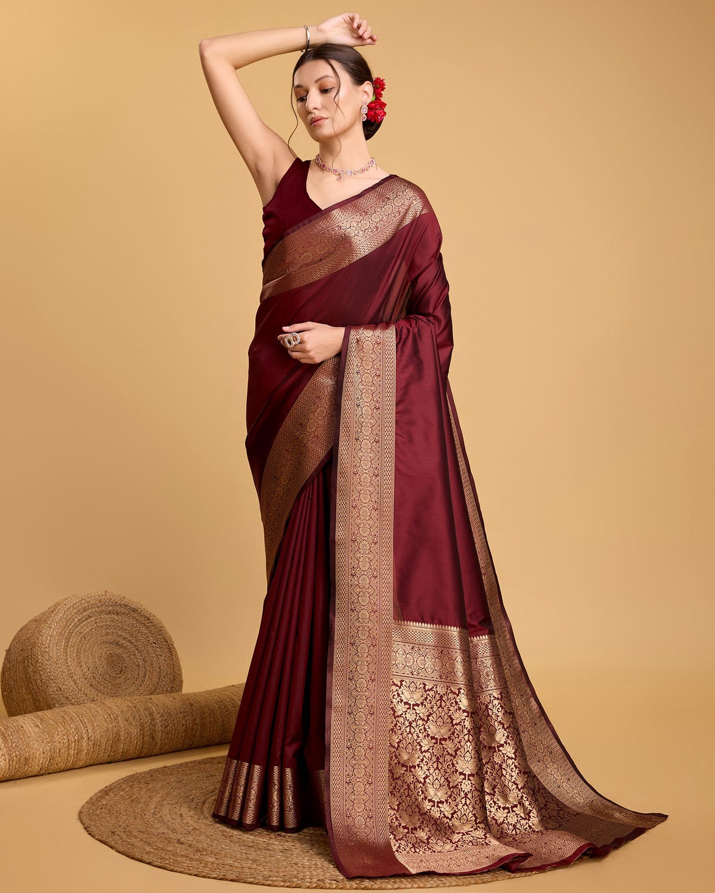 Dwija Fashion Deep Maroon Party Wear Banarsi Pure Silk Plain Saree With Unstitched Blouse