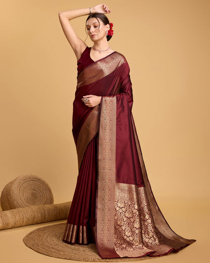 Dwija Fashion Deep Maroon Party Wear Banarsi Pure Silk Plain Saree With Unstitched Blouse