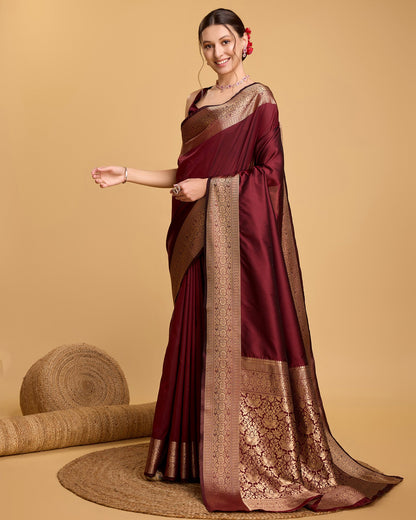 Dwija Fashion Deep Maroon Party Wear Banarsi Pure Silk Plain Saree With Unstitched Blouse