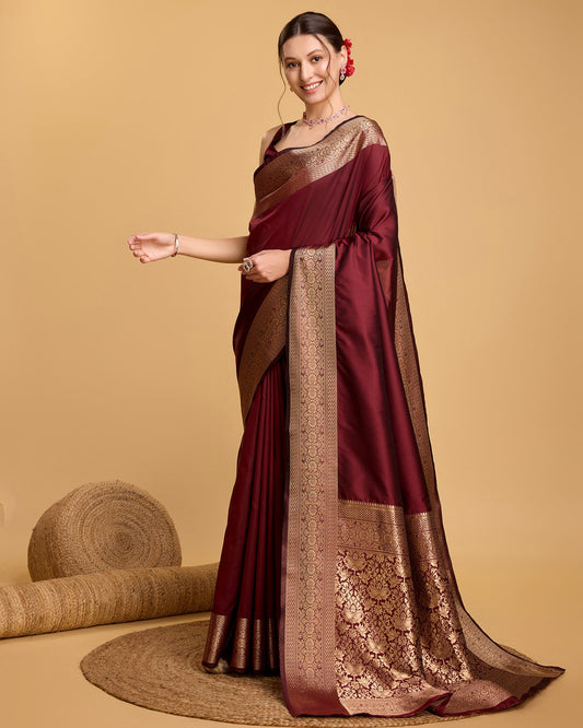 Dwija Fashion Deep Maroon Party Wear Banarsi Pure Silk Plain Saree With Unstitched Blouse