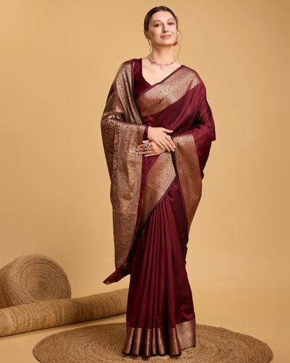 Dwija Fashion Deep Maroon Party Wear Banarsi Pure Silk Plain Saree With Unstitched Blouse