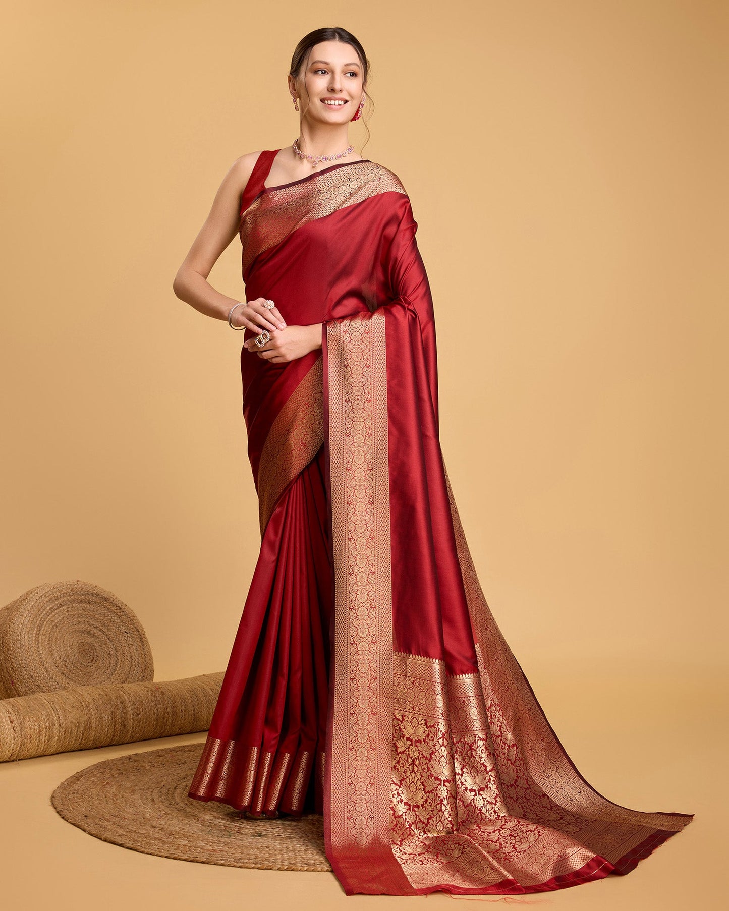 Dwija Fashion Red Party Wear Banarsi Pure Silk Plain Saree With Unstitched Blouse