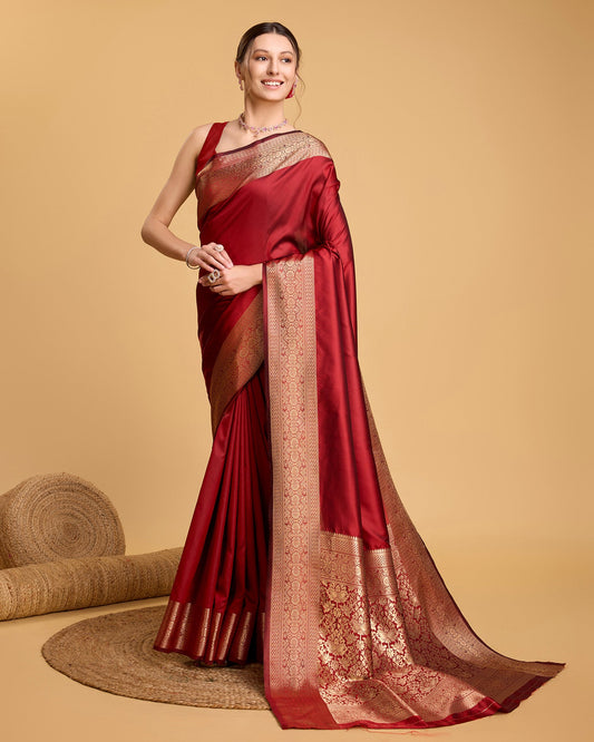 Dwija Fashion Red Party Wear Banarsi Pure Silk Plain Saree With Unstitched Blouse