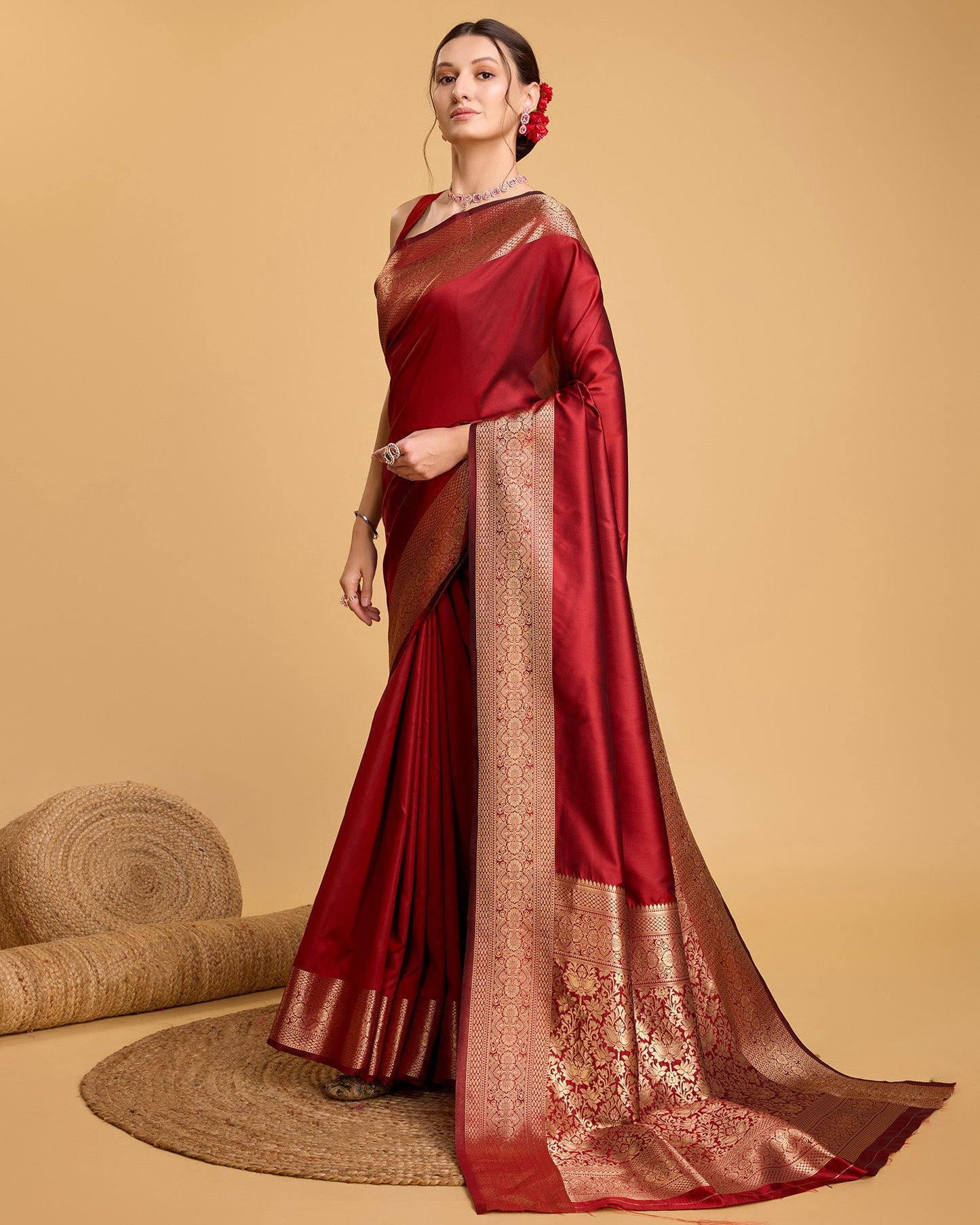 Dwija Fashion Red Party Wear Banarsi Pure Silk Plain Saree With Unstitched Blouse
