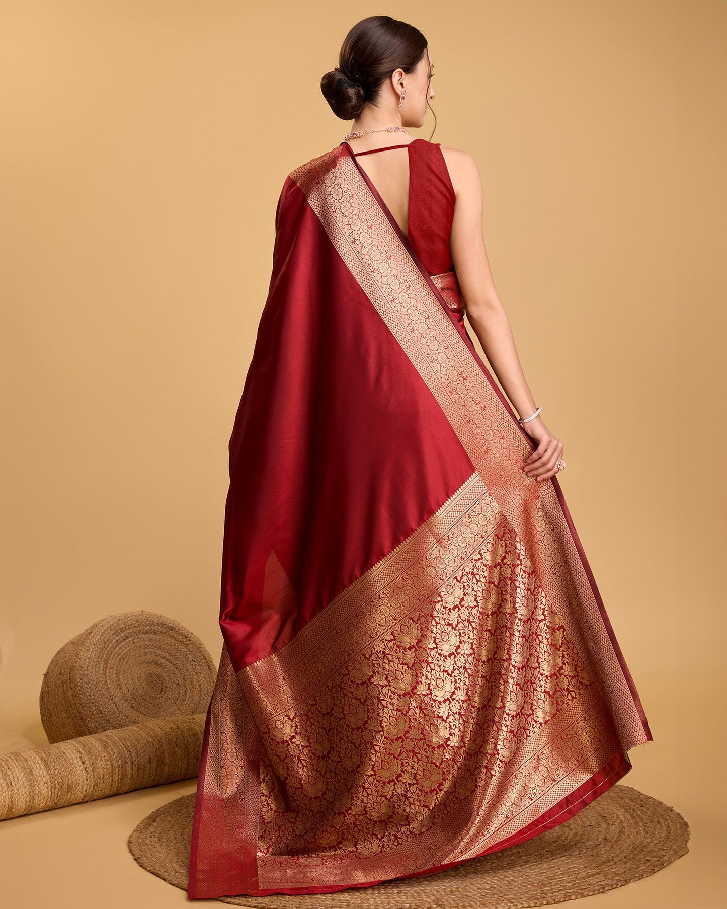 Dwija Fashion Red Party Wear Banarsi Pure Silk Plain Saree With Unstitched Blouse