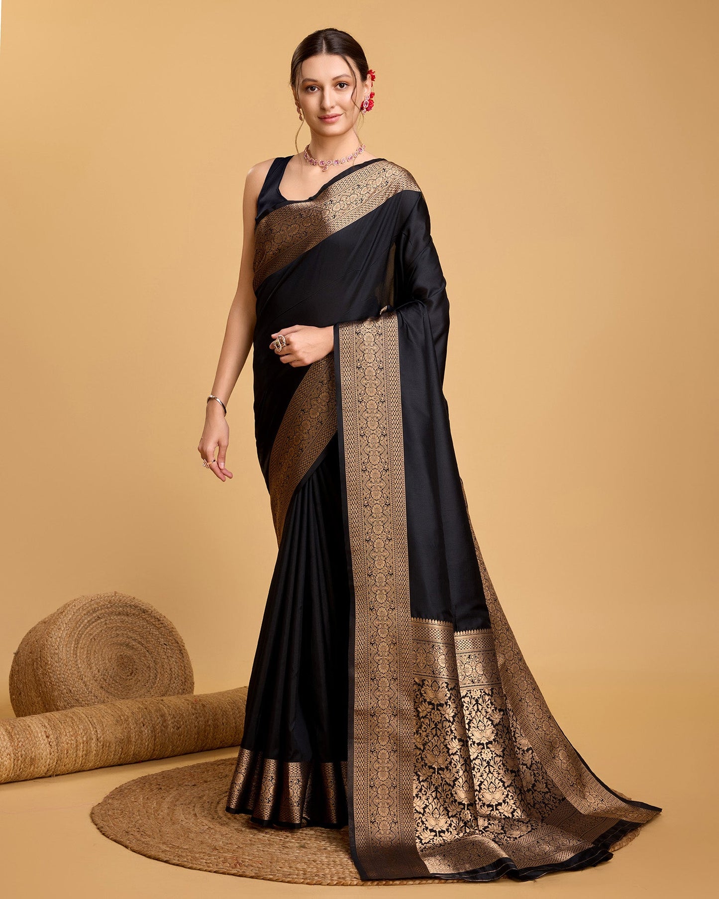 Dwija Fashion Black Party Wear Banarsi Pure Silk Plain Saree With Unstitched Blouse