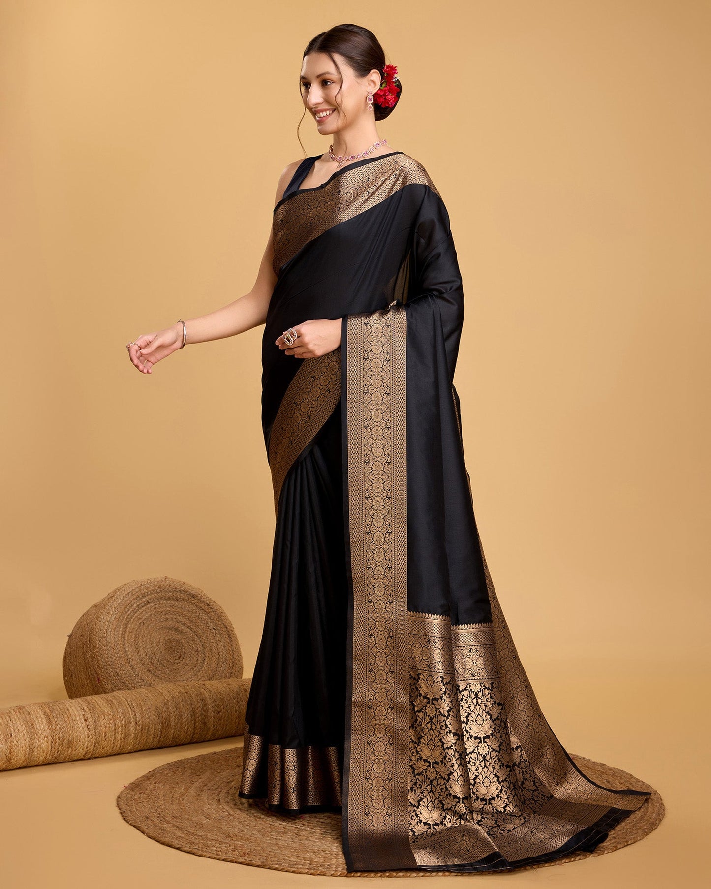 Dwija Fashion Black Party Wear Banarsi Pure Silk Plain Saree With Unstitched Blouse