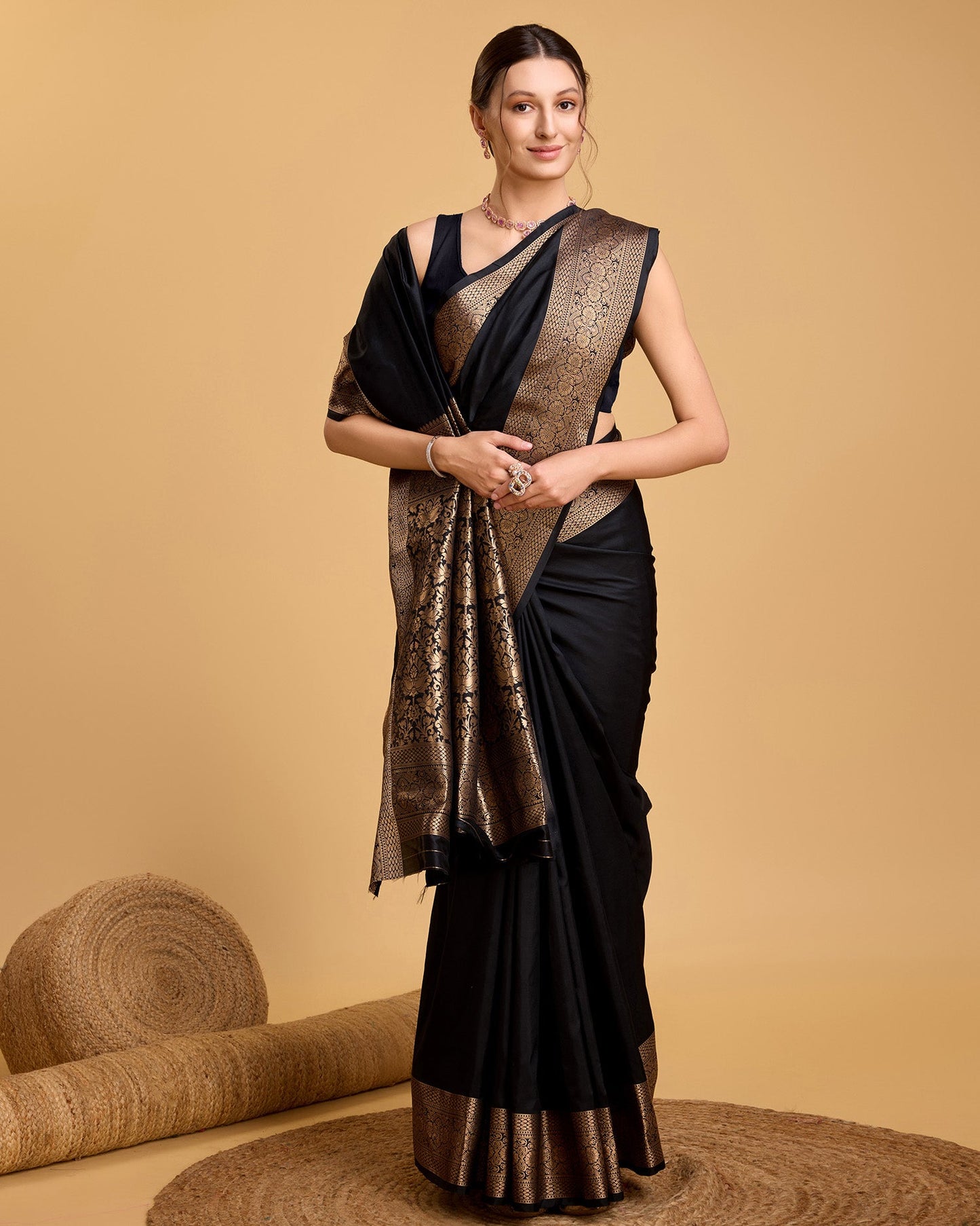 Dwija Fashion Black Party Wear Banarsi Pure Silk Plain Saree With Unstitched Blouse