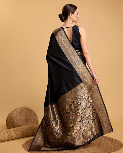 Dwija Fashion Black Party Wear Banarsi Pure Silk Plain Saree With Unstitched Blouse