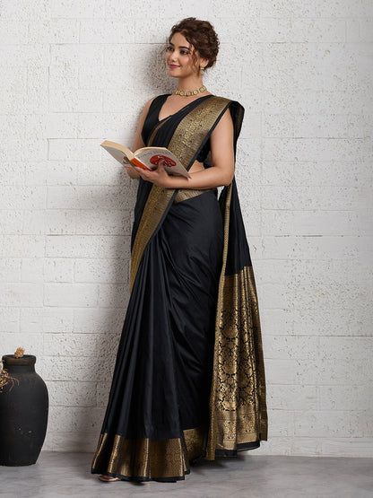 Dwija Fashion Women'S Party Wear Zari Weaving Silk Designer Saree With The Unstitched Blouse-Black