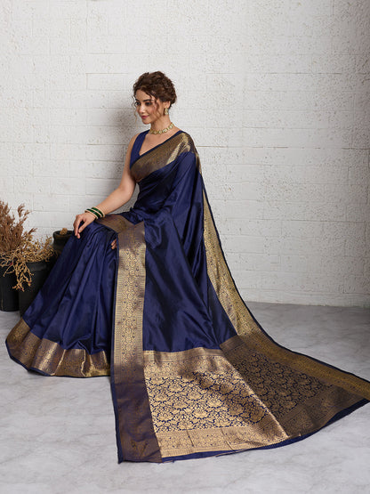 Dwija Fashion Women'S Party Wear Zari Weaving Silk Designer Saree With The Unstitched Blouse-Navy Blue