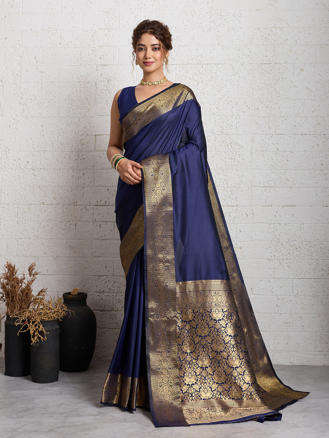 Dwija Fashion Women'S Party Wear Zari Weaving Silk Designer Saree With The Unstitched Blouse-Navy Blue