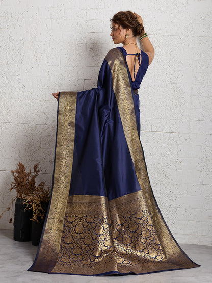 Dwija Fashion Women'S Party Wear Zari Weaving Silk Designer Saree With The Unstitched Blouse-Navy Blue
