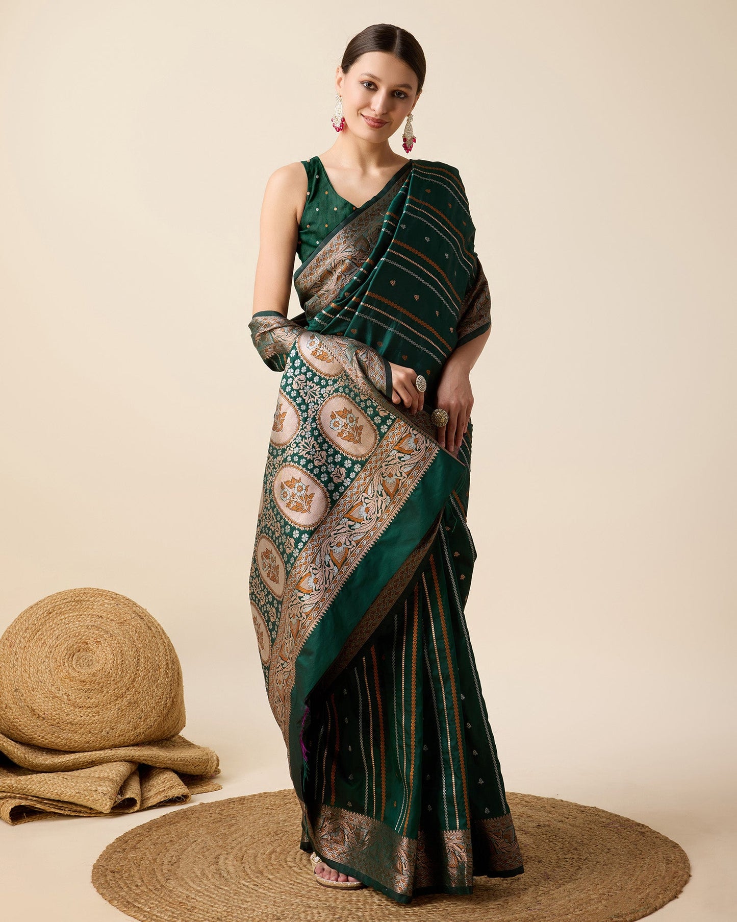 Dwija Fashion Green Party Wear Golden Silver Jari Work Pure Jacquard Saree With Unstitched Blouse