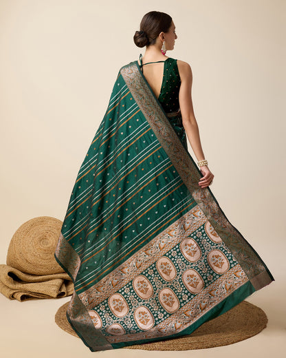 Dwija Fashion Green Party Wear Golden Silver Jari Work Pure Jacquard Saree With Unstitched Blouse