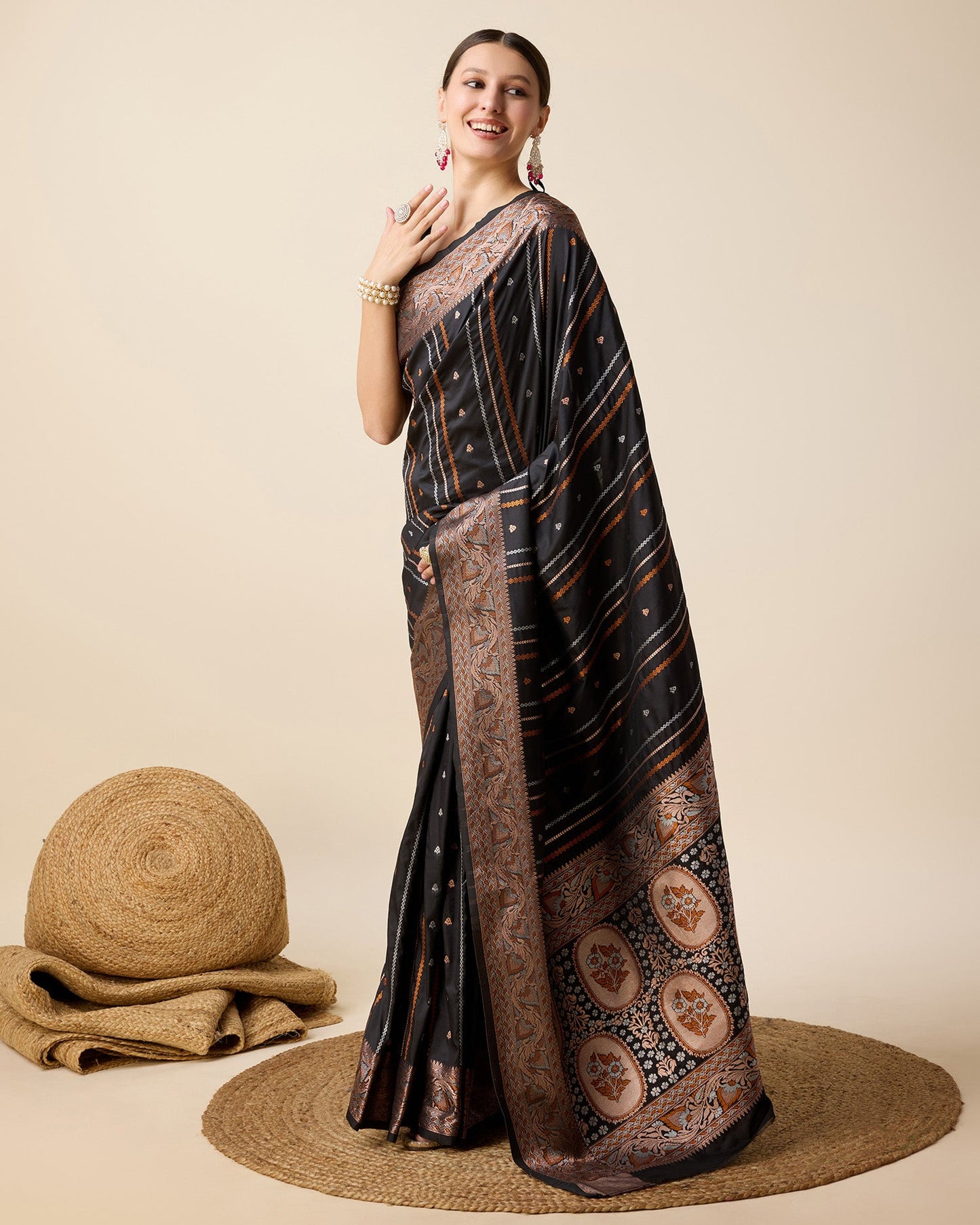 Dwija Fashion Black Party Wear Golden Silver Jari Work Pure Jacquard Saree With Unstitched Blouse