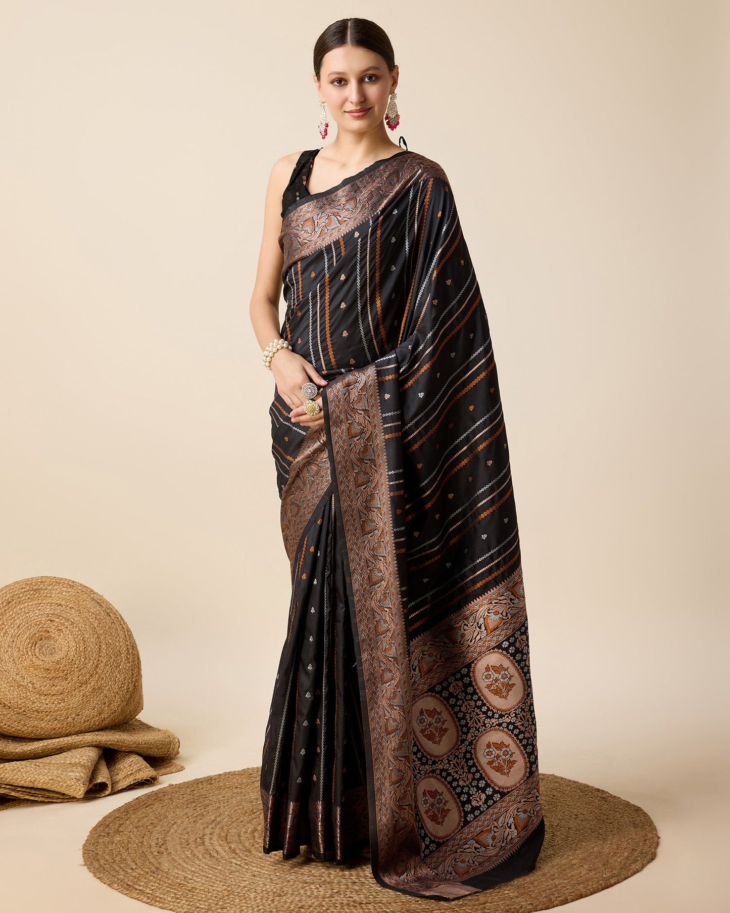 Dwija Fashion Black Party Wear Golden Silver Jari Work Pure Jacquard Saree With Unstitched Blouse