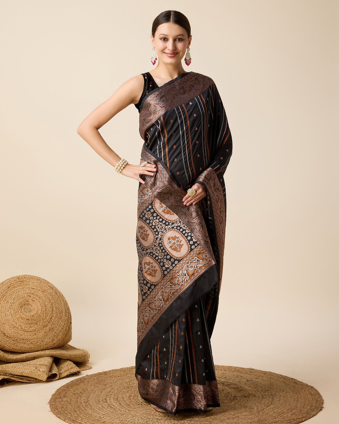 Dwija Fashion Black Party Wear Golden Silver Jari Work Pure Jacquard Saree With Unstitched Blouse
