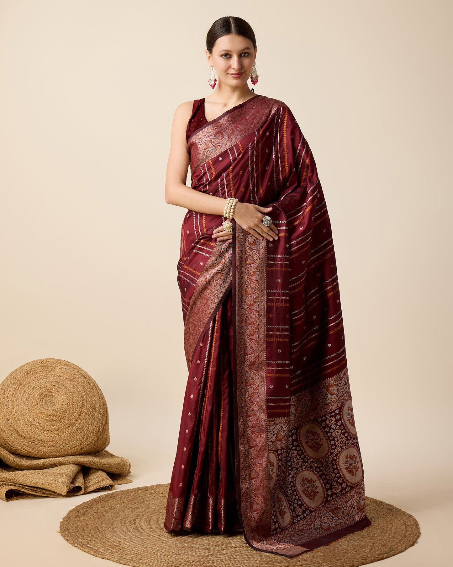 Dwija Fashion Deep Maroon Party Wear Golden Silver Jari Work Pure Jacquard Saree With Unstitched Blouse