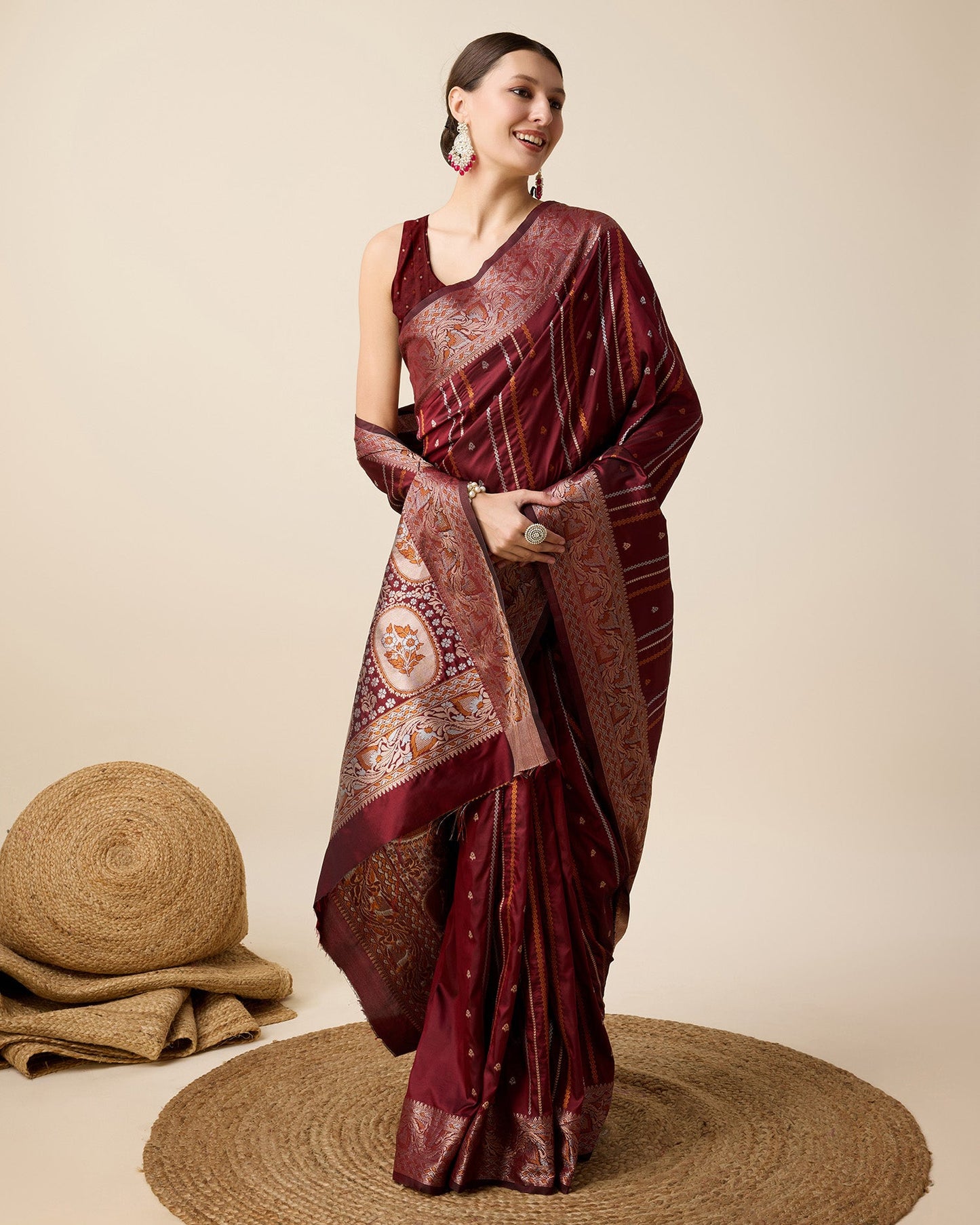 Dwija Fashion Deep Maroon Party Wear Golden Silver Jari Work Pure Jacquard Saree With Unstitched Blouse