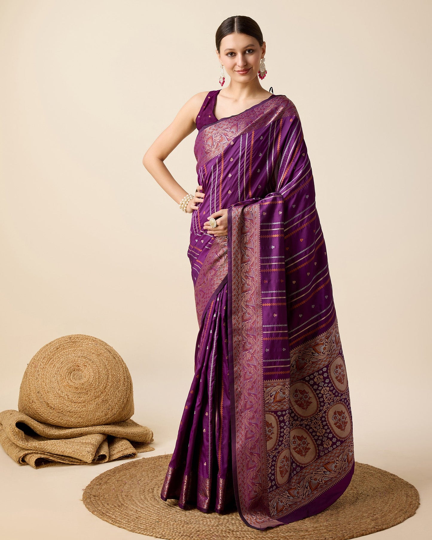 Dwija Fashion Purple Party Wear Golden Silver Jari Work Pure Jacquard Saree With Unstitched Blouse