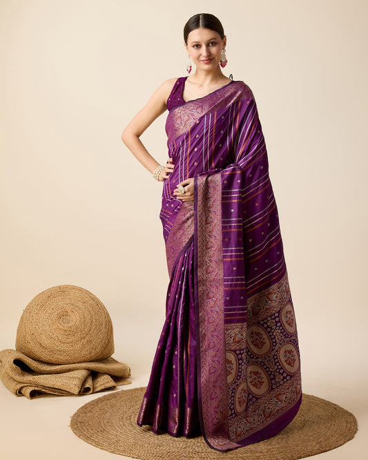 Dwija Fashion Purple Party Wear Golden Silver Jari Work Pure Jacquard Saree With Unstitched Blouse