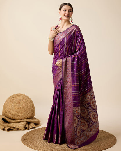 Dwija Fashion Purple Party Wear Golden Silver Jari Work Pure Jacquard Saree With Unstitched Blouse