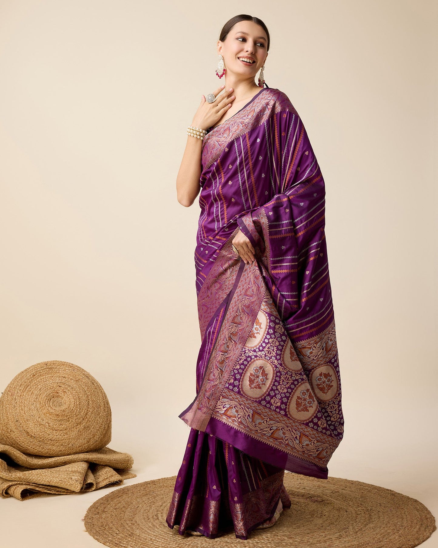 Dwija Fashion Purple Party Wear Golden Silver Jari Work Pure Jacquard Saree With Unstitched Blouse