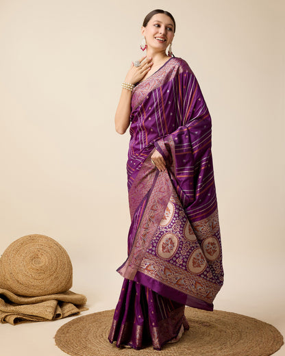 Dwija Fashion Purple Party Wear Golden Silver Jari Work Pure Jacquard Saree With Unstitched Blouse