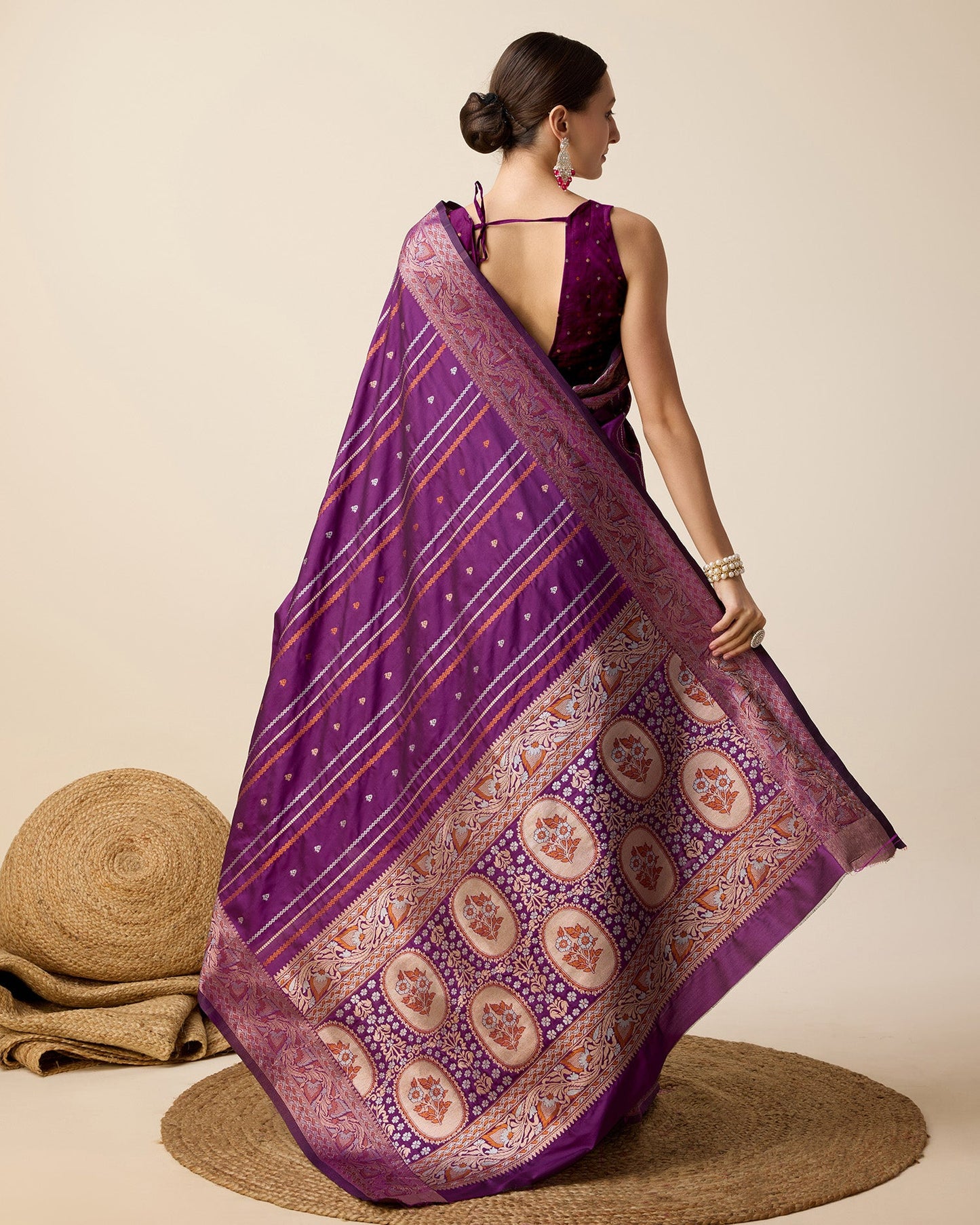 Dwija Fashion Purple Party Wear Golden Silver Jari Work Pure Jacquard Saree With Unstitched Blouse
