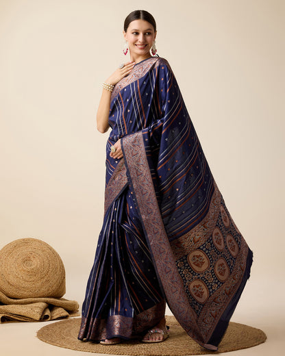Dwija Fashion Deep Navy Blue Party Wear Golden Silver Jari Work Pure Jacquard Saree With Unstitched Blouse