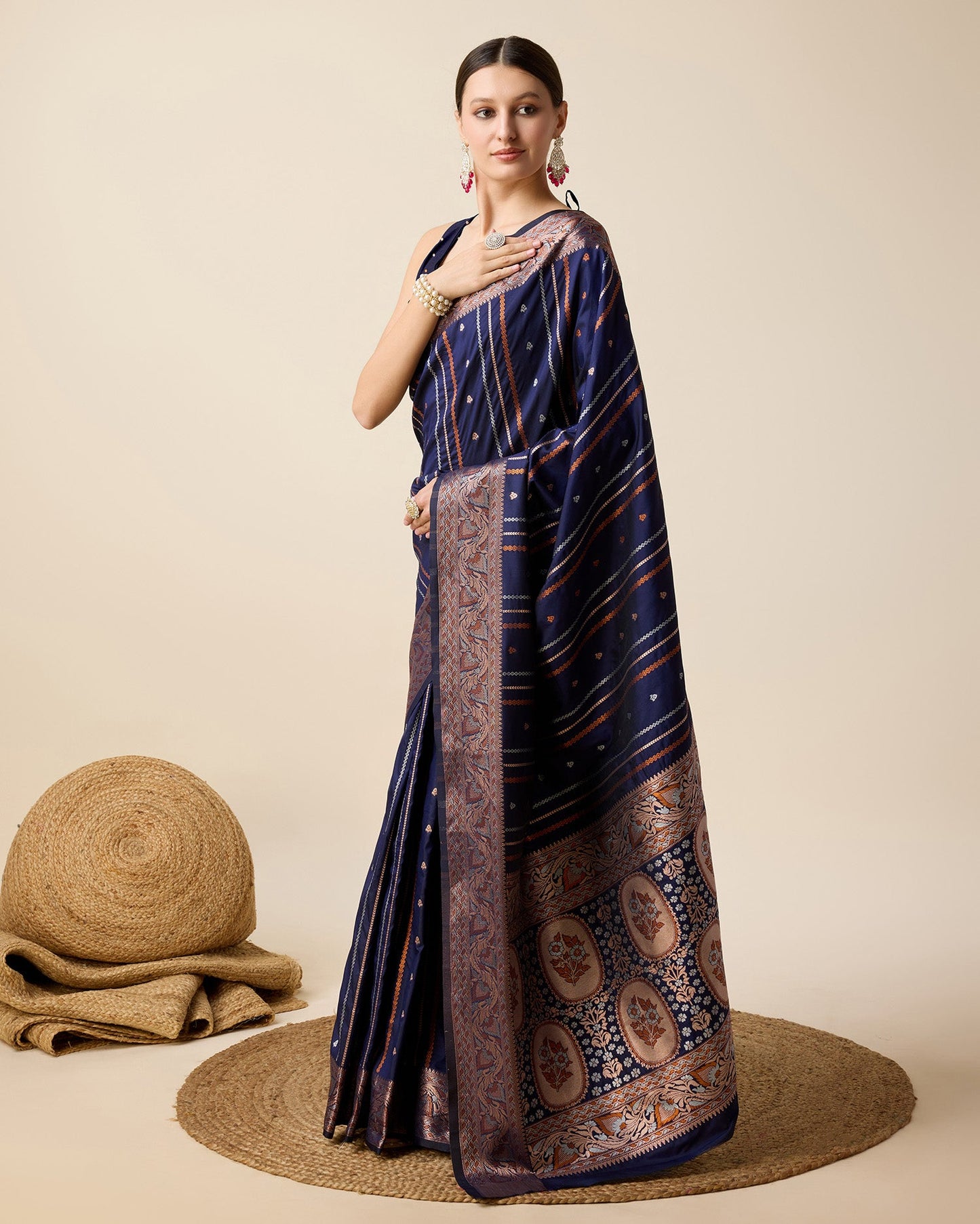 Dwija Fashion Deep Navy Blue Party Wear Golden Silver Jari Work Pure Jacquard Saree With Unstitched Blouse